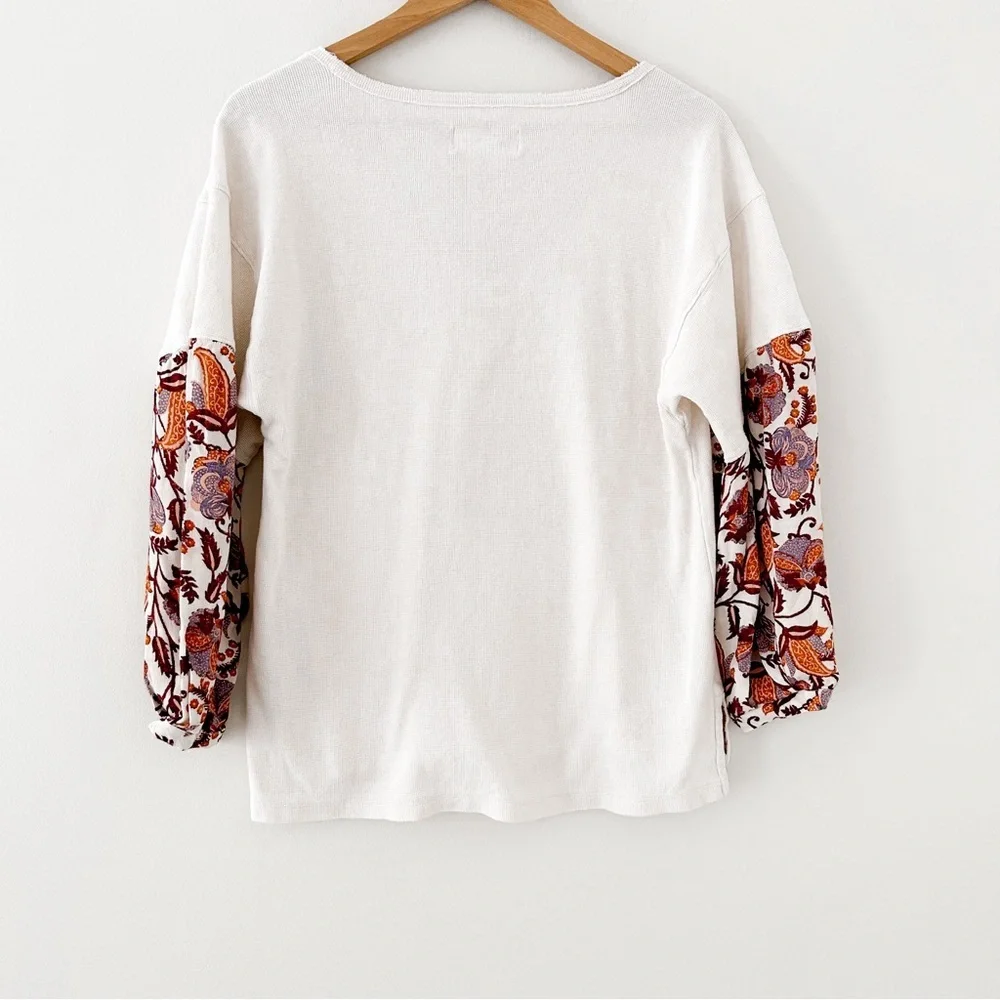 Anthropologie Waffle Knit Top Women's XS Cream Burgundy Floral Long Puff Sleeve